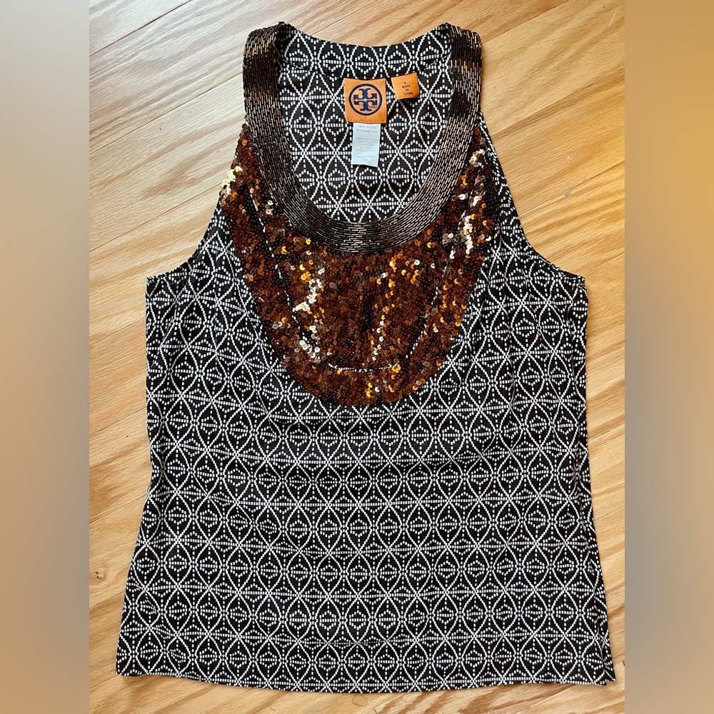 Tory Burch Top, chocolate brown & white w/sequins - size 4